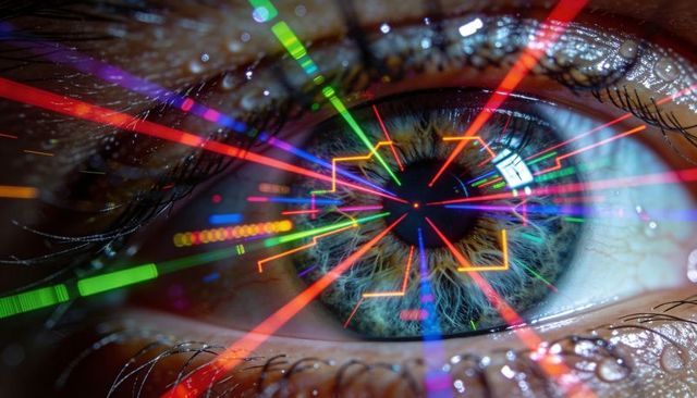 Macro eye with neon augmented reality hud and glowing iris detail for biometric tech