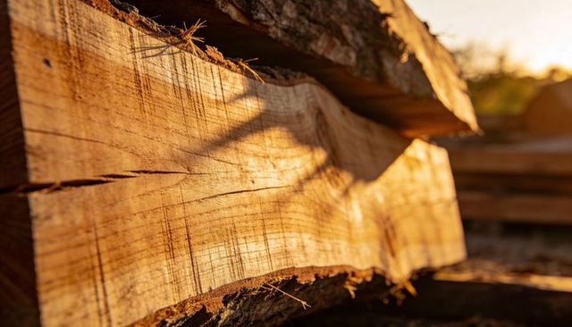 Sunlit sawn log revealing growth rings, saw marks and bark splinters in lumber yard