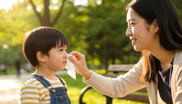 Mother wiping young boy's nose with tissue on sunlit park bench tender caring family moment