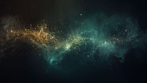 Gold teal nebula stream with glowing dust and ethereal mist for backgrounds and branding