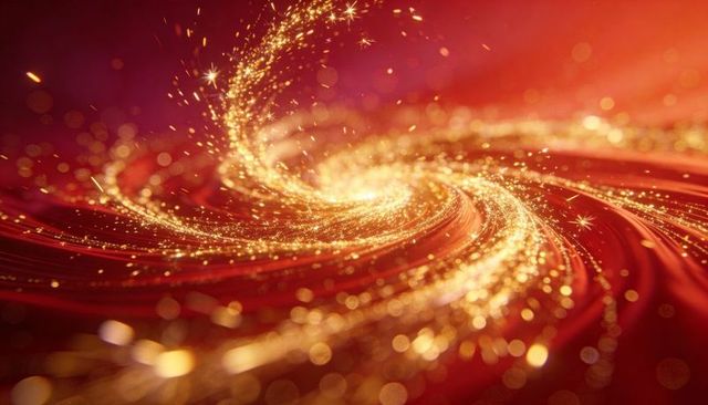Golden spiral vortex of sparks on red satin swirls with glowing particles and bokeh