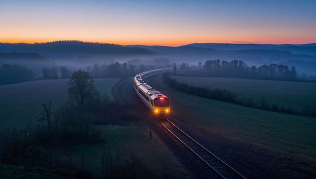 Traveling red white passenger train curving through misty rolling fields in sunrise light