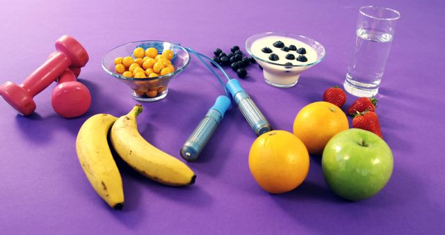 Colorful arrangement of fitness and health essentials on purple background includes bananas, oranges, strawberries, apple, bowl of goldenberries, yoghurt with blueberries, glass of water, pink dumbbells, and jump rope. Ideal for promoting health, wellness, nutritional habits, and active living campaigns. Perfect for illustrating gym setups, diet plans, and fitness regimes.