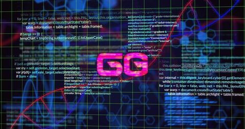 Neon GG logotype glowing magenta over cyberpunk grid with code overlays and red streaks