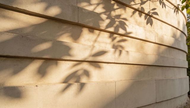 Curved pale masonry wall casting soft leaf shadows in warm late afternoon sunlight