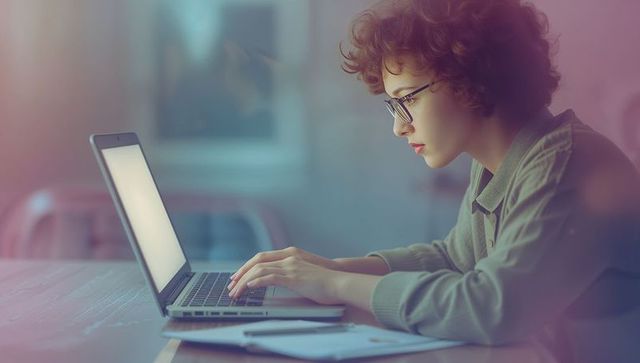 Focused woman with glasses working on laptop at modern desk