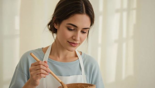 Young woman stirring batter with wooden spoon, wearing apron in soft sunlit kitchen