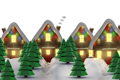 Charming Winter Cottages with Festive Lights on Transparent Background