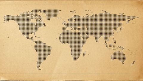 Dotted world map on parchment vintage cartography texture