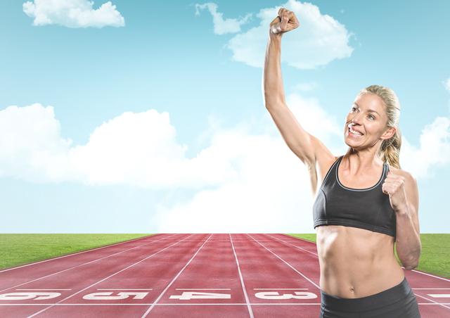 Digital composite of Female runner with hand in air on track against sky
