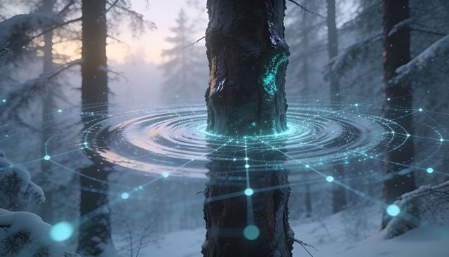 Glowing tree trunk activating holographic turquoise rings and network grid in snowy forest