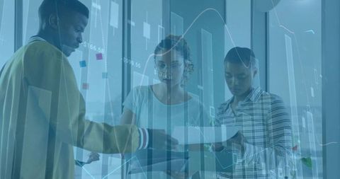 Team Analyzing Data with Digital Glass Projections in Modern Office