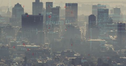 Cityscape with Overlayed Financial Data and Code Symbols - Download Free Stock Images Pikwizard.com