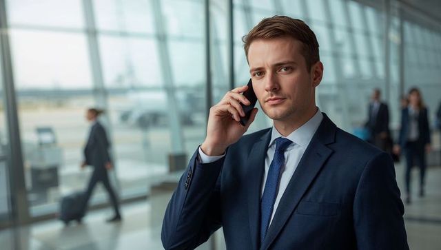 Confident business traveler communicating at modern airport
