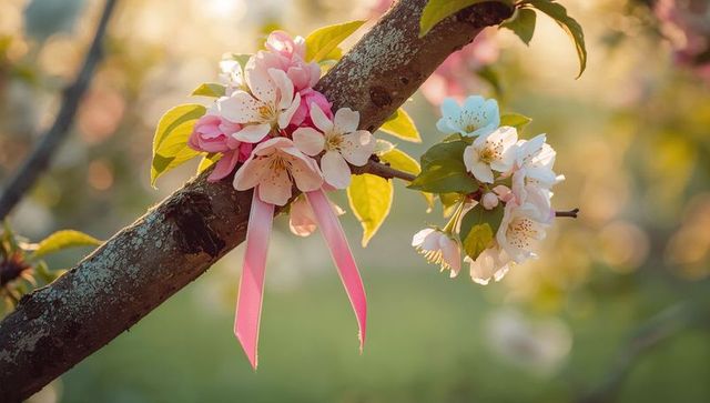 Pink and White Blossoms on Tree Branch with Ribbon in Spring Garden