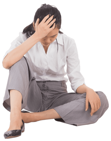 Transparent Worrried Businesswoman Sitting on Floor with Hand on Head