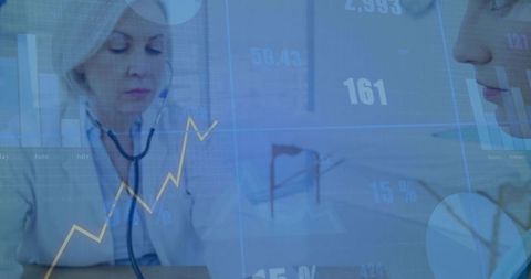 Female doctors consulting over digital healthcare analytics with stethoscope and charts