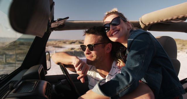 Couple Enjoying Road Trip in Convertible at Beach - Download Free Stock Images Pikwizard.com