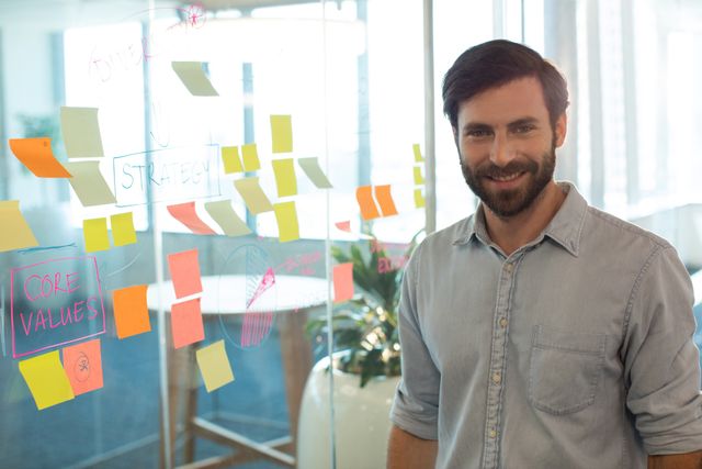 Confident businessman standing by a glass board covered with colorful sticky notes in a modern office. Ideal for use in business strategy, corporate leadership, project management, and professional workplace themes.