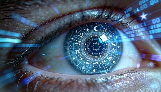 Close-up human eye reflecting zodiac wheel and futuristic hud with cybernetic iris