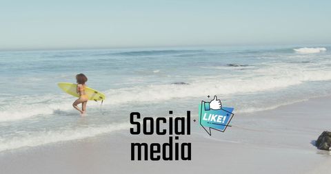 Woman with Surfboard Strolling on Beach Represents Social Media Theme