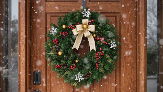 Festive holiday wreath with bow in snow