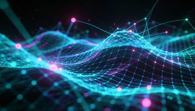 Flowing neon wireframe mesh with glowing nodes and futuristic particles