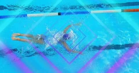 Overhead swimmer powering freestyle laps in pool with purple geometric overlay