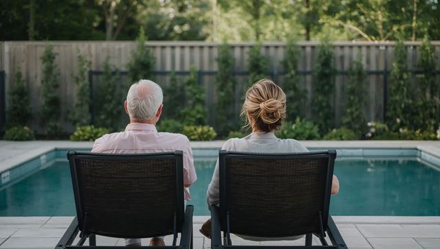 Relaxing couple sitting on lounge chairs by private backyard pool overlooking garden