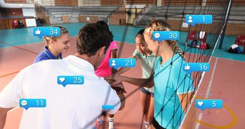 Coach leading youth volleyball huddle showing teamwork, motivation and social media overlay