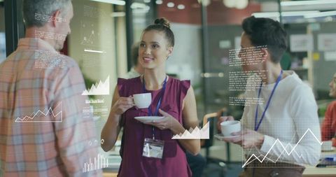 Professional Networking in Modern Office Lounge with Interactive Interfaces