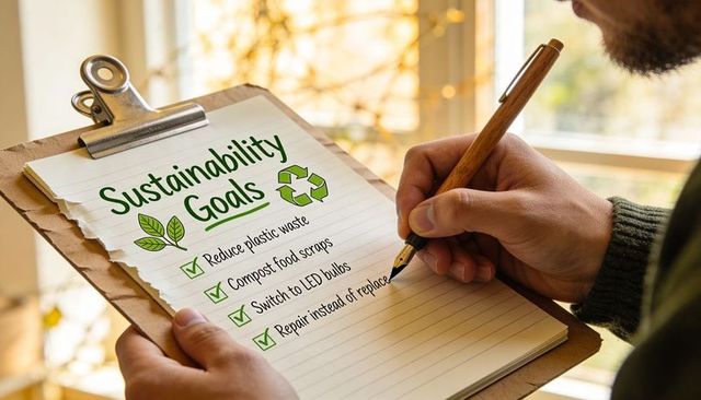 Writing sustainability goals checklist on clipboard with fountain pen and recycle icons