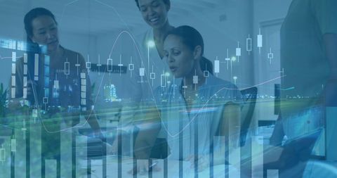 Business Team Discussing Financial Data with Cityscape Overlay - Download Free Stock Images Pikwizard.com