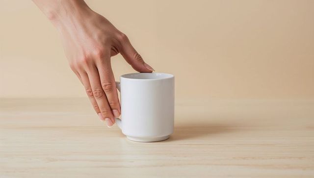 Minimalist Female Hand Holding White Ceramic Mug on Wooden Surface