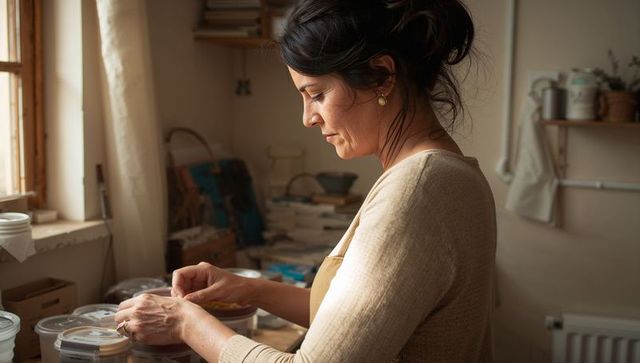 Artisan arranging labeled jars on workshop bench, organizing craft supplies in studio