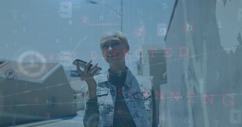 Tech Security: Businesswoman Analyzing Cyber Threats on Smartphone