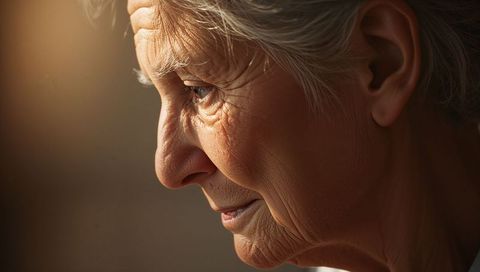 Elegant elderly woman smiling near window in warm light