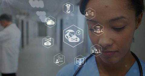 Nurse monitoring digital health network in hospital corridor with telehealth icons overlay
