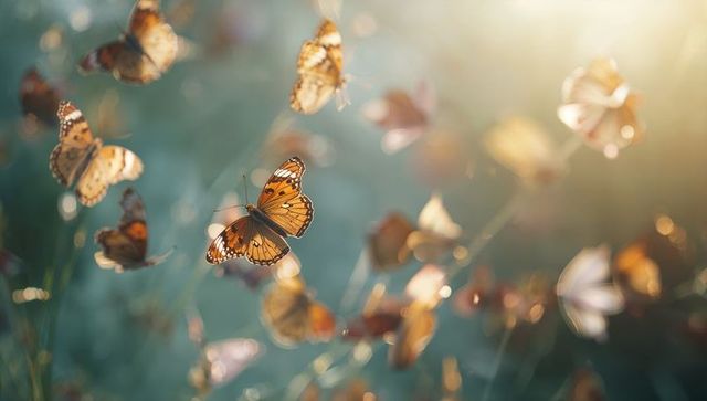 Golden monarch butterfly hovering through backlit meadow with bokeh light and warm sunflare