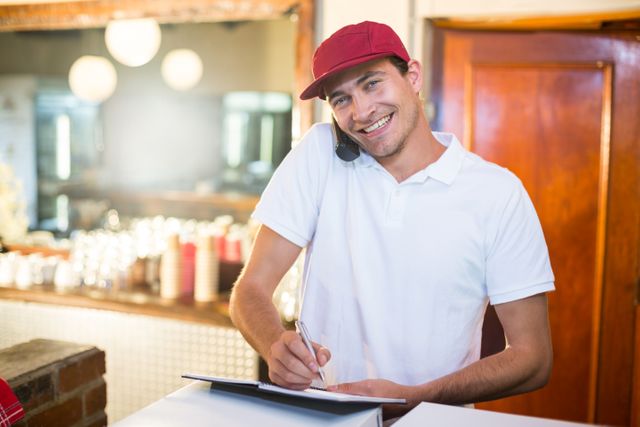 Young pizza delivery man in uniform taking an order over the phone while writing on a clipboard at a restaurant counter. Ideal for use in advertisements, websites, and promotional materials related to food delivery services, customer service, and the hospitality industry.
