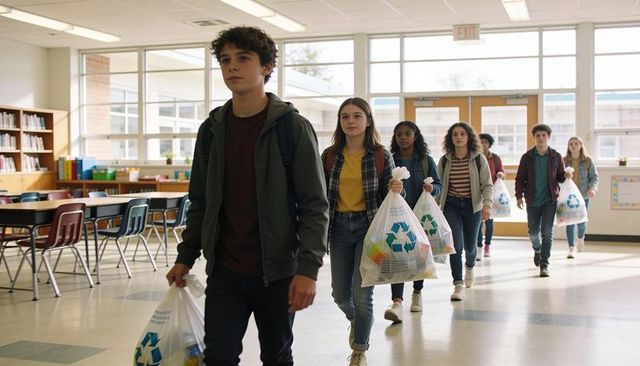 Students walking carrying recycling bags through school hallway eco friendly teamwork