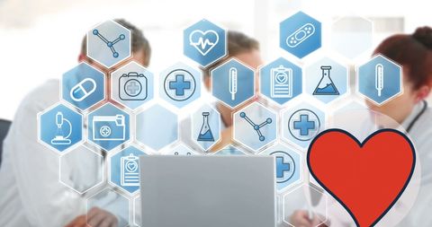 Doctors Collaborating with Futuristic Medical Interface Display