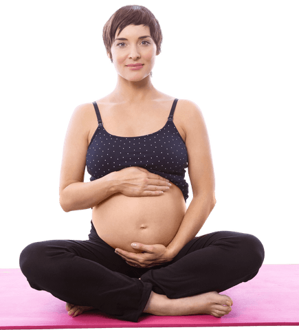 Transparent Pregnant Woman with Short Hair on Yoga Mat