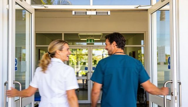 Healthcare team walking through clinic lobby holding glass doors smiling and collaborating