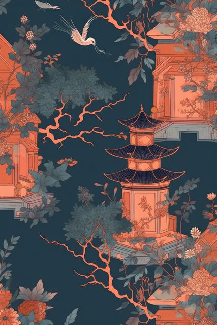 Oriental nature scene featuring pagodas, birds, and intricate floral patterns against a dark night sky. Delicate, detailed traditional Asian design. Perfect for wallpapers, textiles, and cultural themes. Can be used in interior design, product packaging, or promotional material needing an exotic, serene atmosphere.