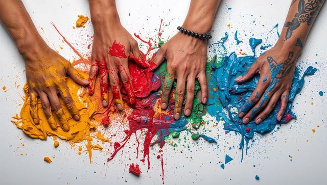 Four hands mixing vivid paints pressing vibrant palette for creative collaboration