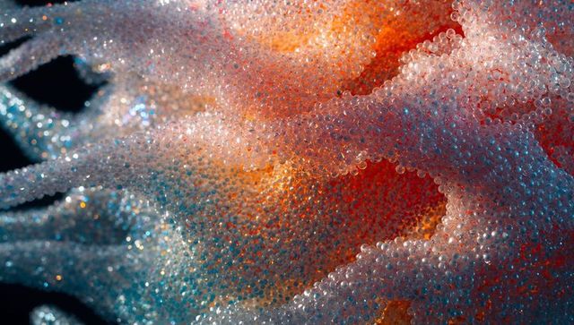 Translucent microbead waves glowing in iridescent orange pink blue macro texture