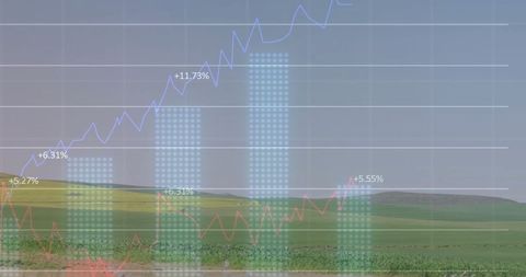 Rising data trends superimposed on agricultural landscape
