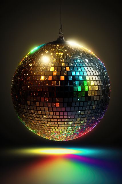 Shining disco ball reflecting vibrant lights in a dark room. Ideal for promoting dance parties, nightclub events, music celebrations, retro-themed designs, and festive atmospheres.