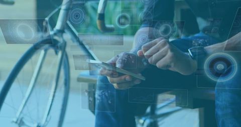 Digital Interface Overlaid on Man Using Smartphone Outdoors